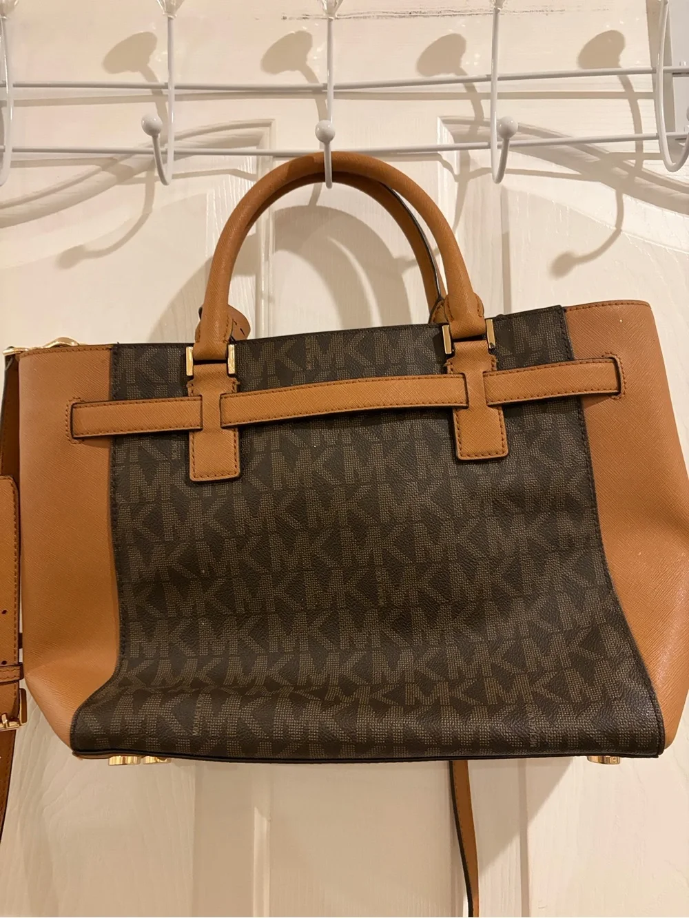 MICHAEL Michael Kors Brown Logo Satchel with Tan Trim and Gold Hardware